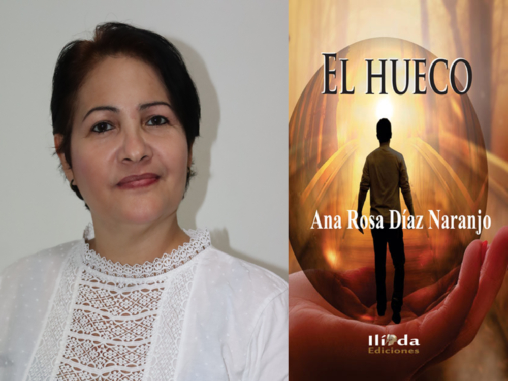 Cubierta de la novela "El hueco" (Ilíada Ediciones, Alemania, 2020), de la escritora Ana Rosa Díaz Naranjo, y foto de la autora.