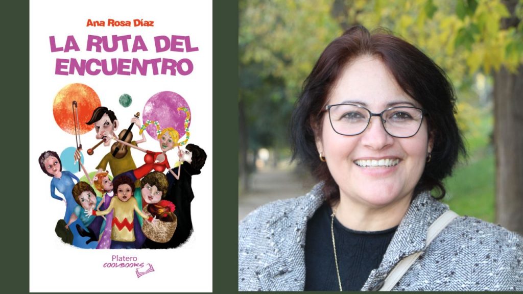 Cubierta de la novela fantástica "La ruta del encuentro", e imagen de su autora Ana Rosa Díaz.