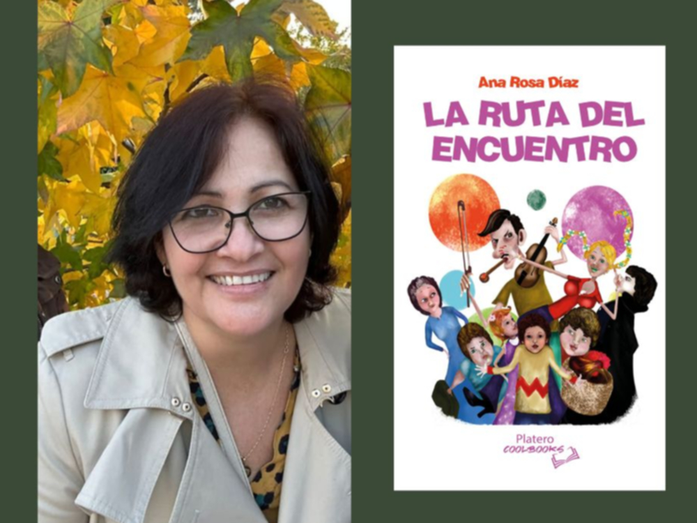 Cubierta de"La ruta del encuentro" y su autora Ana Rosa Díaz.