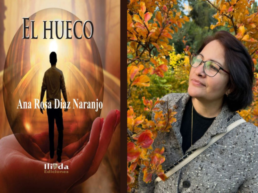 Cubierta de la novela "El hueco" (Ilíada Ediciones, Alemania, 2019), y su autora Ana Rosa Díaz.