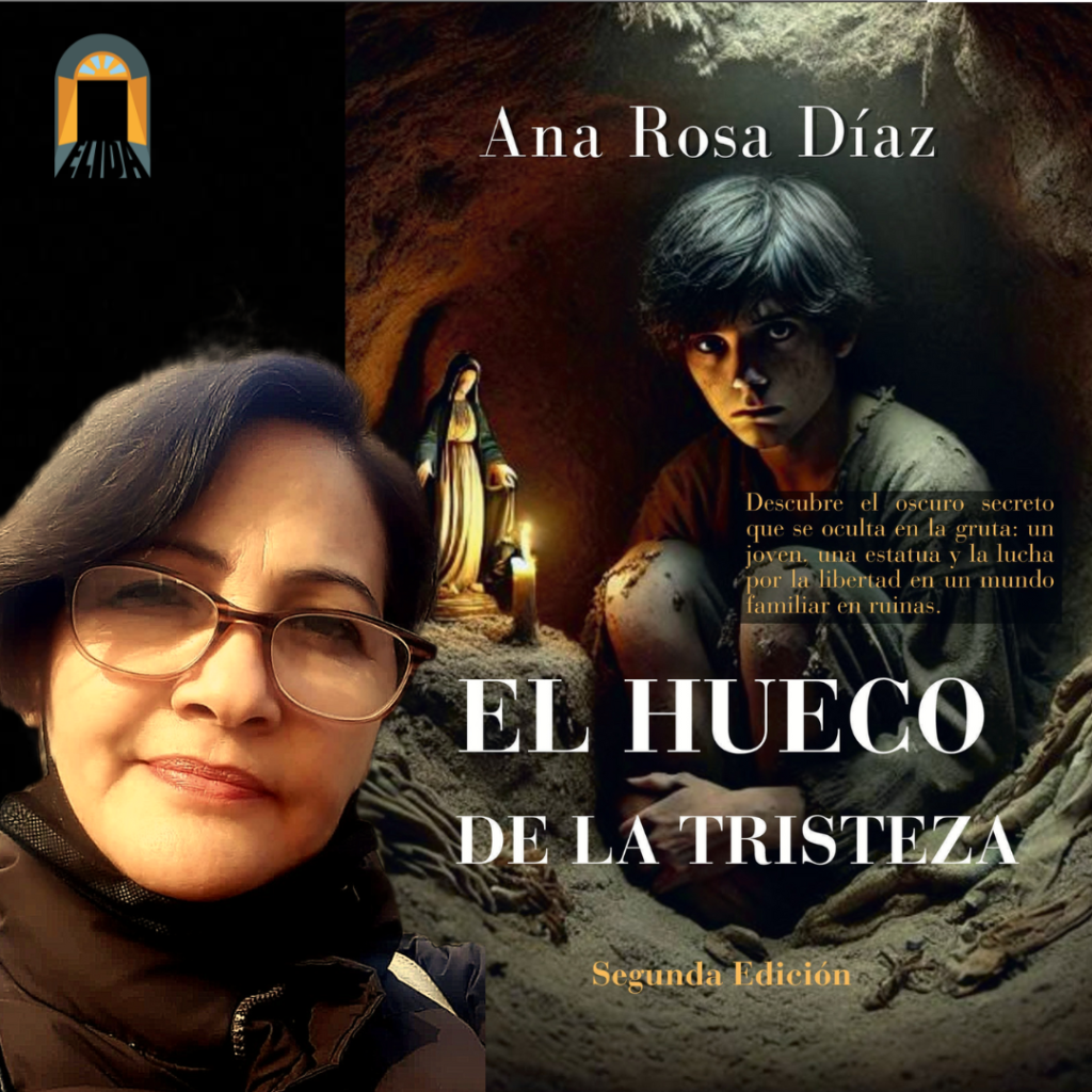 Imagen de la cubierta de la novela "El hueco de la tristeza" y su autora Ana Rosa Díaz.